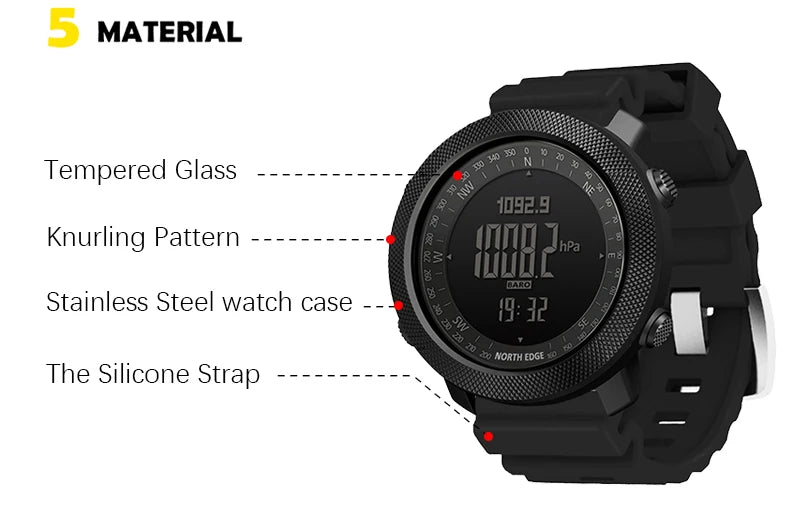 North Edge Apache Men's Sport Watch Full Metal Watch Case Nylon Band Outerdoor Digital Waterproof 50M Watch
