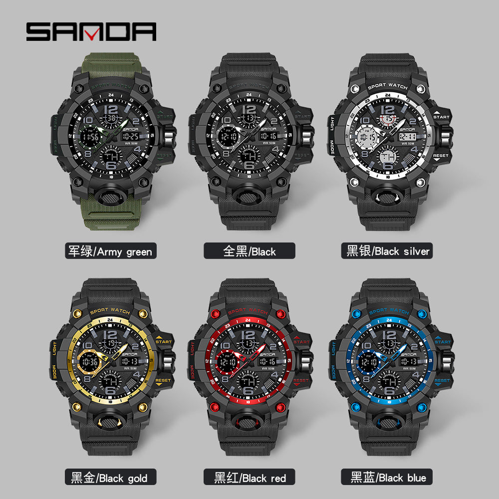 Sanda Hot-Selling Watch Korean Version Student Party Multi-Functional Waterproof Alarm Clock Electronic Watch Cool Dual Display Luminous Sports Watch