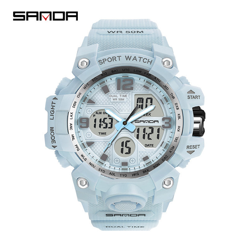 Sanda Hot-Selling Watch Korean Version Student Party Multi-Functional Waterproof Alarm Clock Electronic Watch Cool Dual Display Luminous Sports Watch