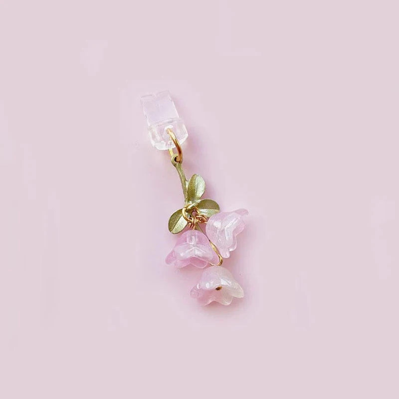1PC For Phone/Type-C Interface Cute Pink Lily Of The Valley Phone Charm Flower Green Leaf Dust Plug DIY Accessories
