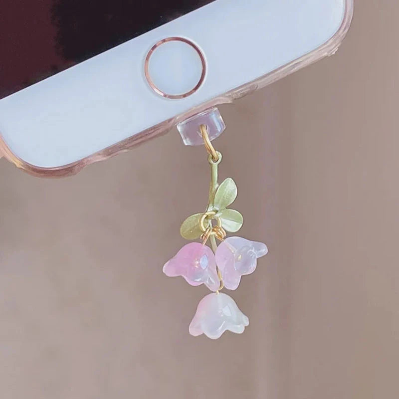 1PC For Phone/Type-C Interface Cute Pink Lily Of The Valley Phone Charm Flower Green Leaf Dust Plug DIY Accessories