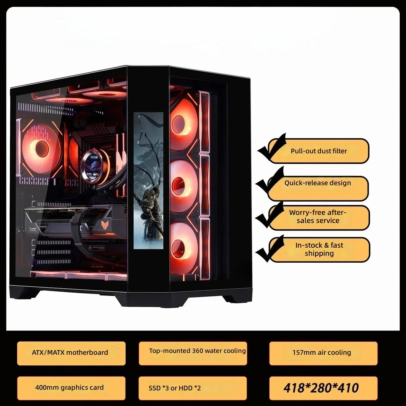 4 RGB Fans Included Gaming PC Case with LCD Screen, ATX MATX Tempered Glass, Supports 400mm GPU 360 Liquid Cooler