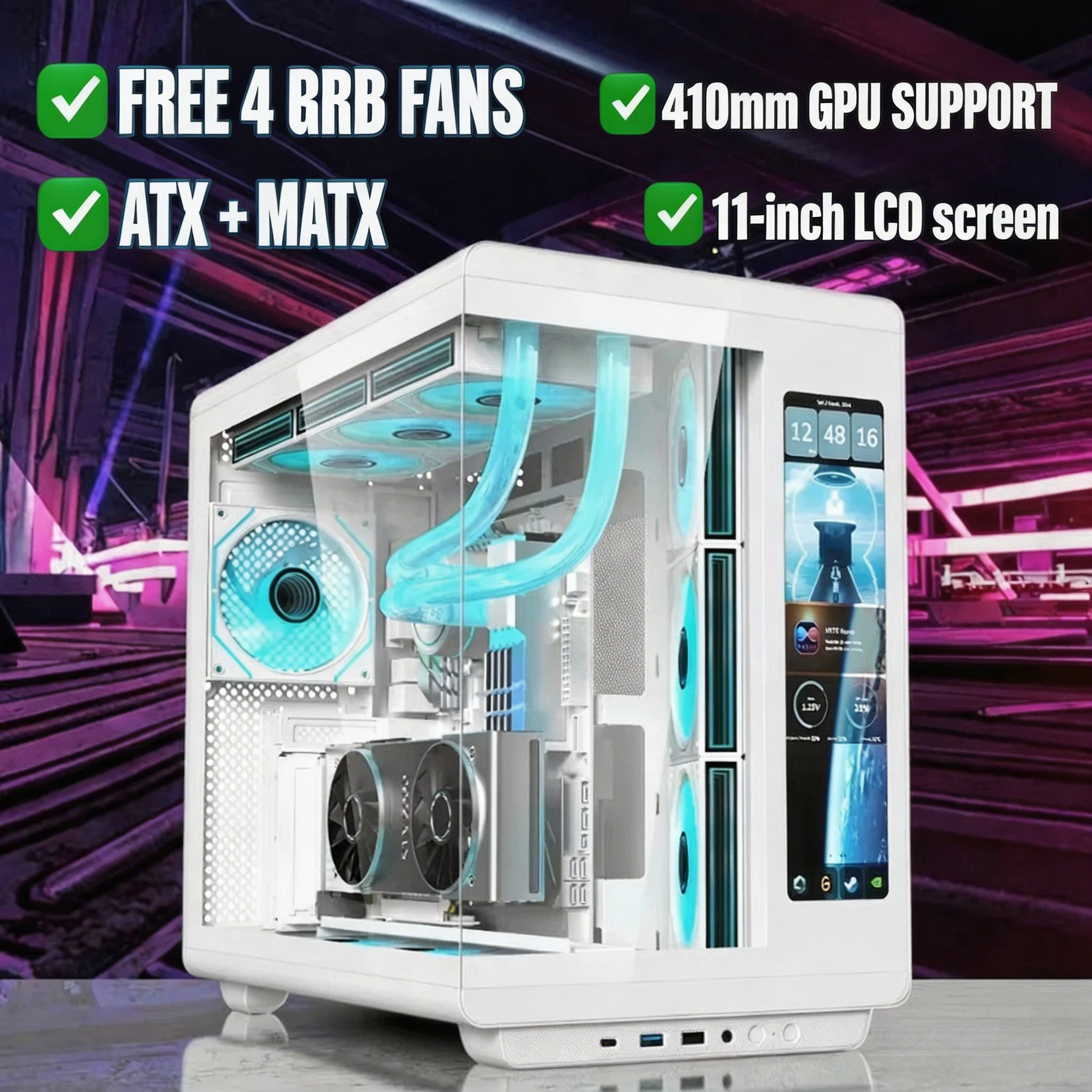4 RGB Fans Included Gaming PC Case with LCD Screen, ATX MATX Tempered Glass, Supports 400mm GPU 360 Liquid Cooler