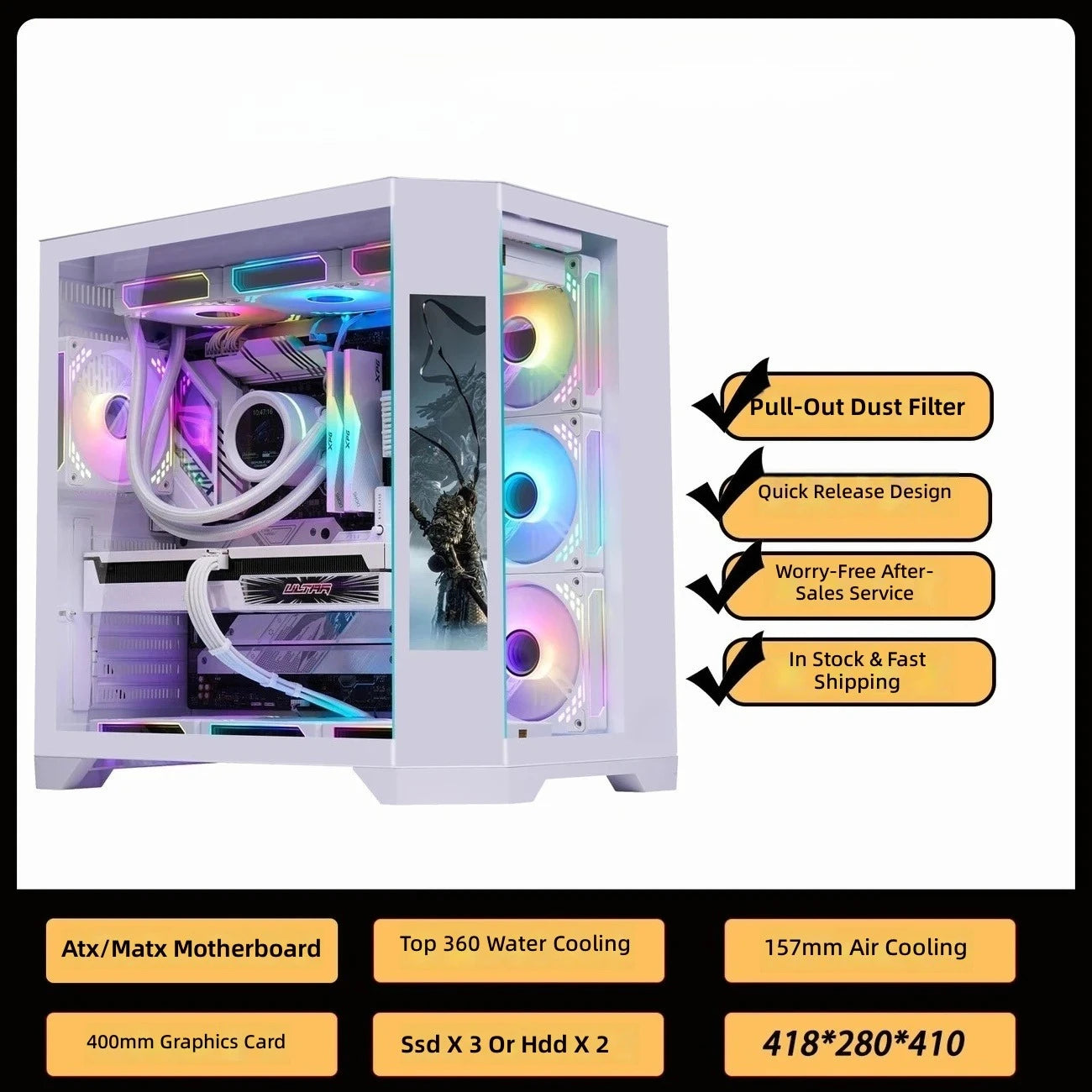 4 RGB Fans Included Gaming PC Case with LCD Screen, ATX MATX Tempered Glass, Supports 400mm GPU 360 Liquid Cooler