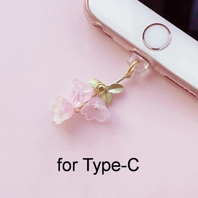1PC For Phone/Type-C Interface Cute Pink Lily Of The Valley Phone Charm Flower Green Leaf Dust Plug DIY Accessories