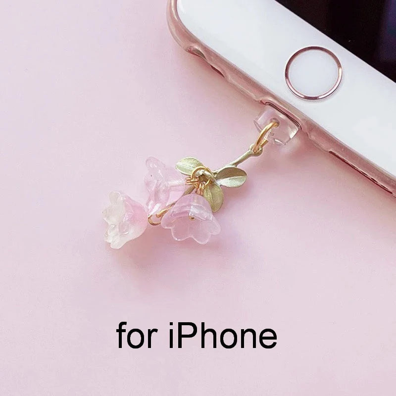 1PC For Phone/Type-C Interface Cute Pink Lily Of The Valley Phone Charm Flower Green Leaf Dust Plug DIY Accessories