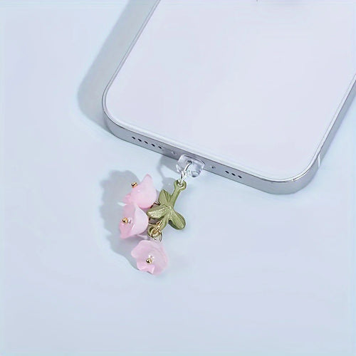 1PC For Phone/Type-C Interface Cute Pink Lily Of The Valley Phone Charm Flower Green Leaf Dust Plug DIY Accessories
