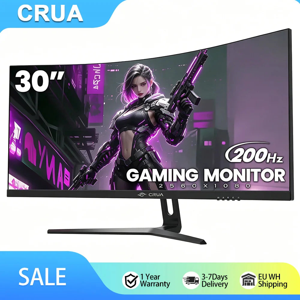 CRUA 30 zoll Curved Gaming Monitor ,200Hz 1500R Computer Monitor FHD (2560x1080P) VA ,Ultra-Thin Zero Frame Computer Display for Home Office Business